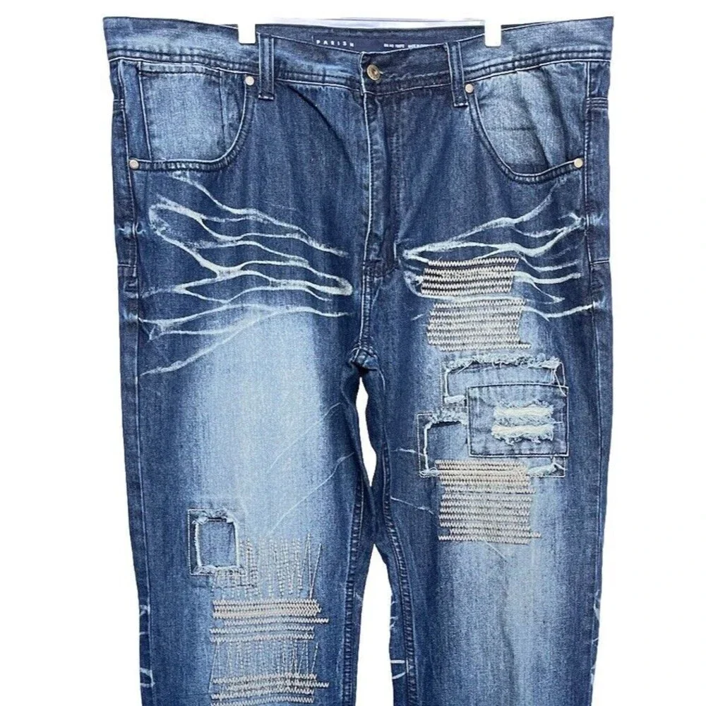 Parish Nation Men’s Patched Embroidered Distressed Jeans Size 40x35